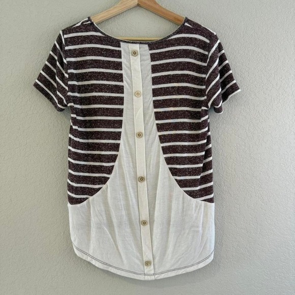 Striped Button Back Tunic Top Short Sleeve Casual Brown White Size‎ M - Picture 1 of 6